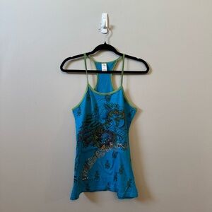 Christian Audigier Y2K blue & green bling rhinestone tank top cami